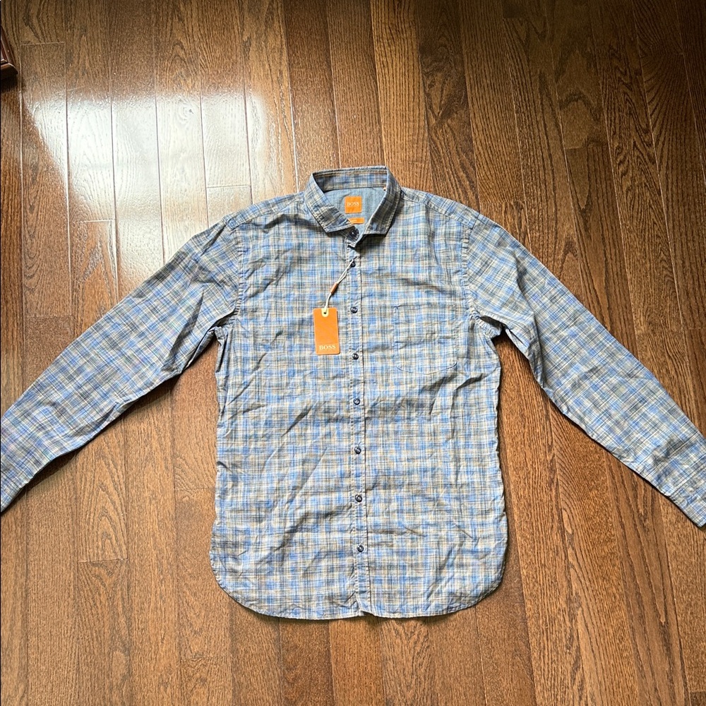 Boss Blue and Tan and Gray Plaid Casual Shirt